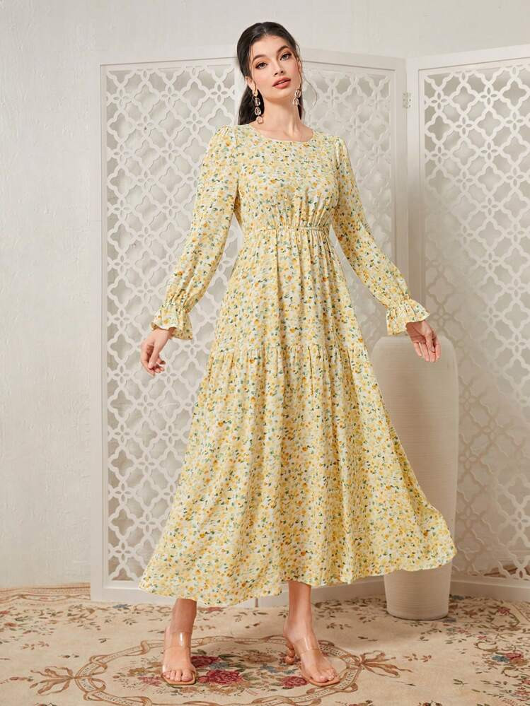 SHEIN Mulvari Ditsy Floral Print Long Flare Sleeve Ruffle Hem Modest Dress | SHEIN