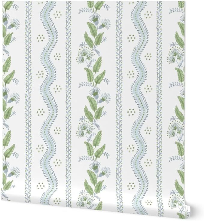 Spoonflower Peel & Stick Wallpaper 12ft x 2ft - Soft Blue Greens White Stripe Green Floral Dots T... | Amazon (US)