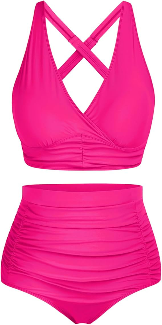 Women's Plus Size Halter V Neck Bikini Swimsuits High Waisted Ruched Tummy Control Swimwear | Amazon (US)