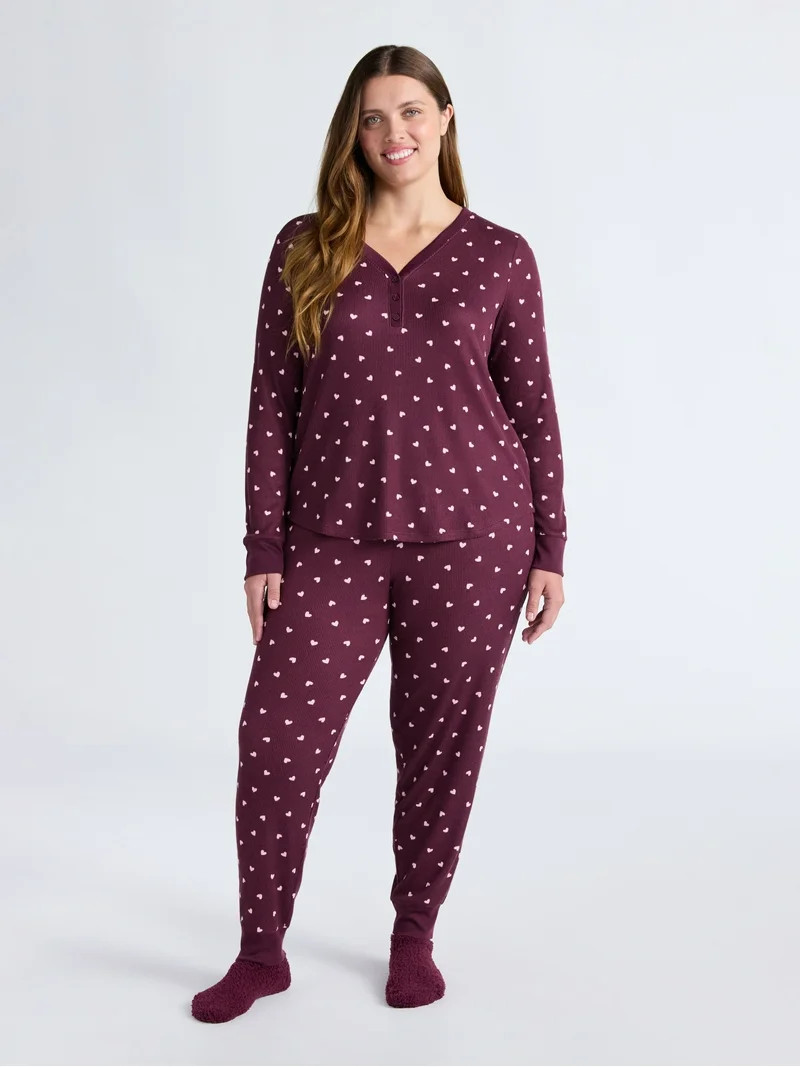 Joyspun Women's Waffle Knit Henley Sleep Top, Joggers and Socks Pajama Set, 3-Piece, Sizes XS-3X | Walmart (US)