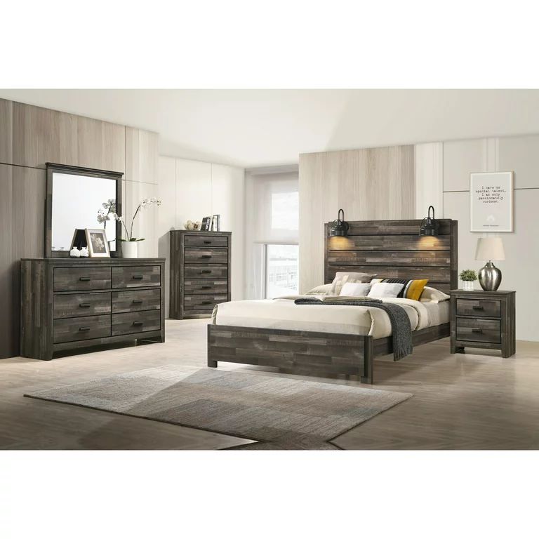 Contemporary Rustic Brown Finish Queen Size 4Pc Bedroom Set Bed Dresser Mirror Nightstand Wooden ... | Walmart (US)