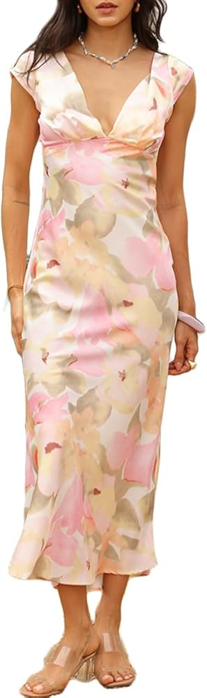 Halfisland Womens Summer Satin V Neck Cap Sleeve Backless Maxi Dress Elegant Twist Cut Out Midi D... | Amazon (US)