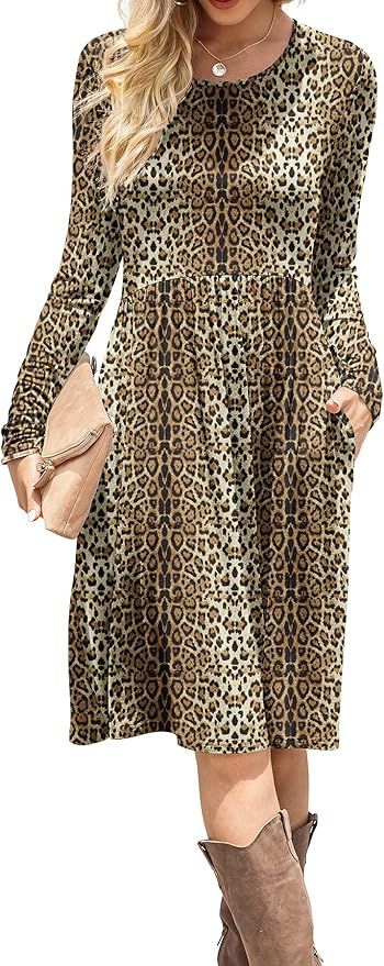 DB MOON Women Casual Long Sleeve Dresses Empire Waist Knee Length Loose Dress with Pockets | Amazon (US)