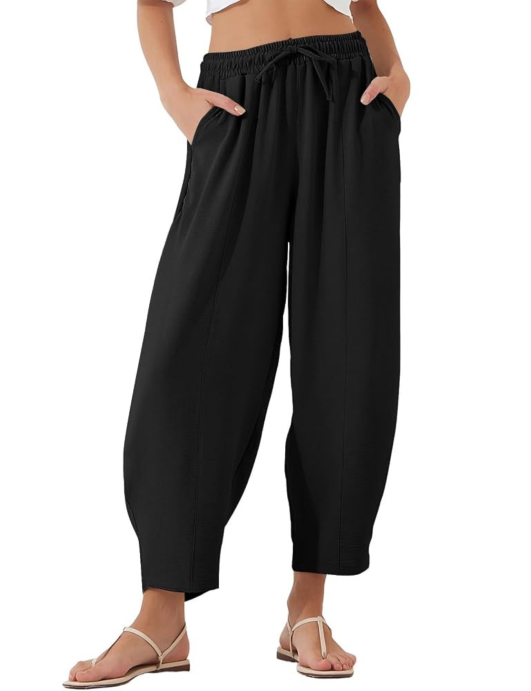 Flygo Women's Wide Leg Baggy Pants Casual Elastic High Waisted Palazzo Harem Slacks Ankle Length ... | Amazon (US)