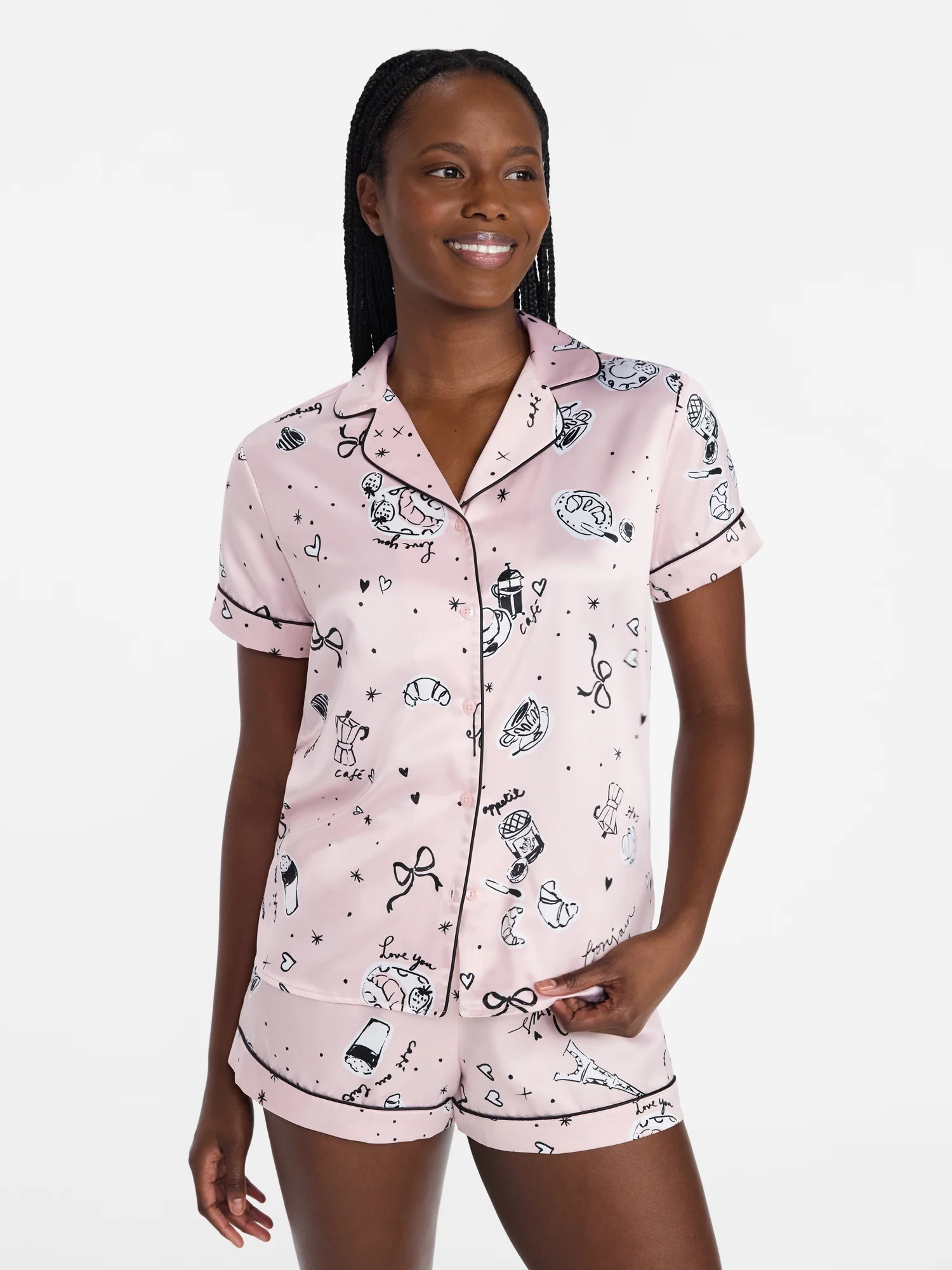 Joyspun Women’s Stretch Satin Short Sleeve Top and Shorts Pajama Set, Sizes XS-3X | Walmart (US)