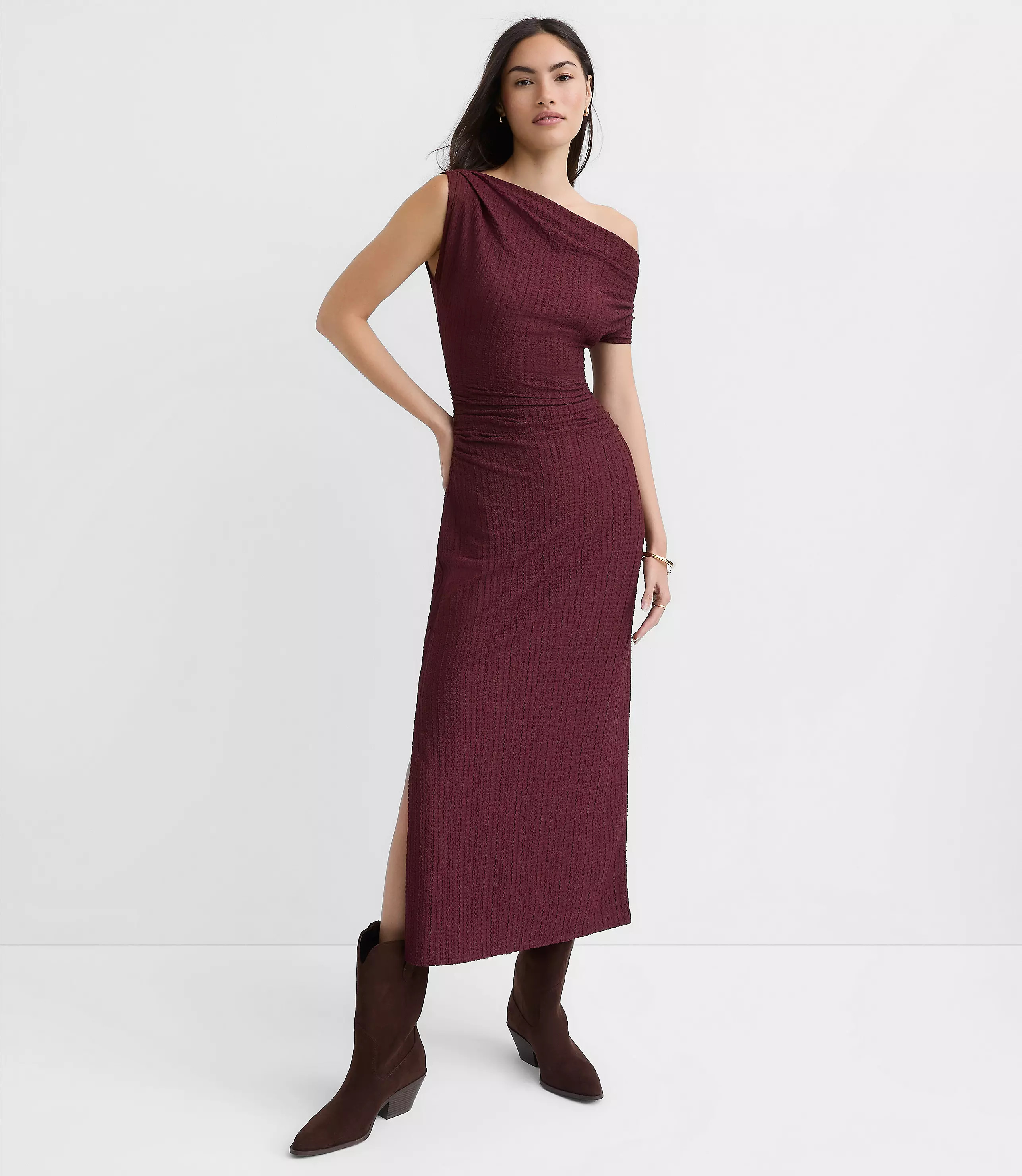 Petite Asymmetrical Ruched Midi Dress | LOFT