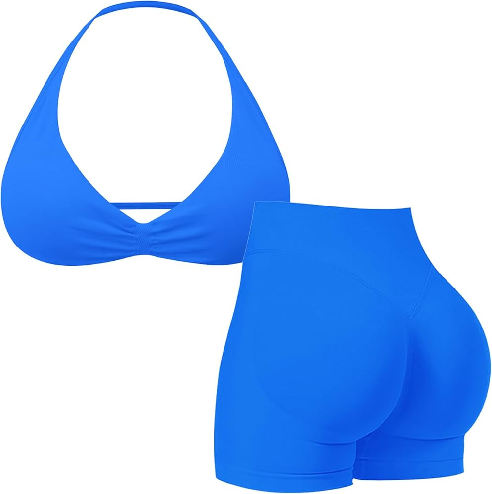 Workout Sets for Women 2 Piece Strappy Halter Sports Bra Scrunch Butt Shorts Gym Sets Yoga Outfit... | Amazon (UK)