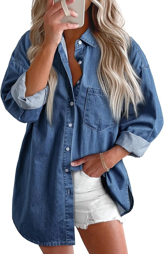 Astylish Women 2024 Denim Shirts Button Down Blouse Long Sleeve V Neck Casual Top | Amazon (US)