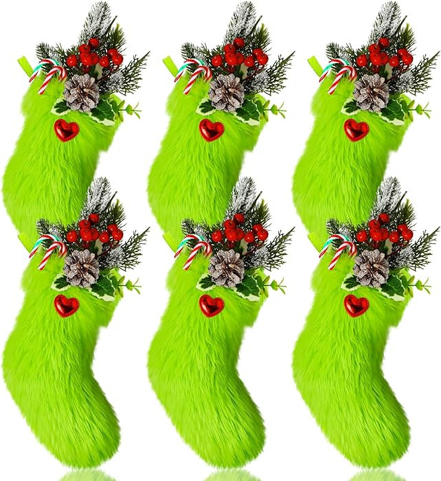 Realspring 6 Pack Lime Green Furry Christmas Stockings Ornaments for Xmas Tree Green Christmas Ha... | Amazon (US)