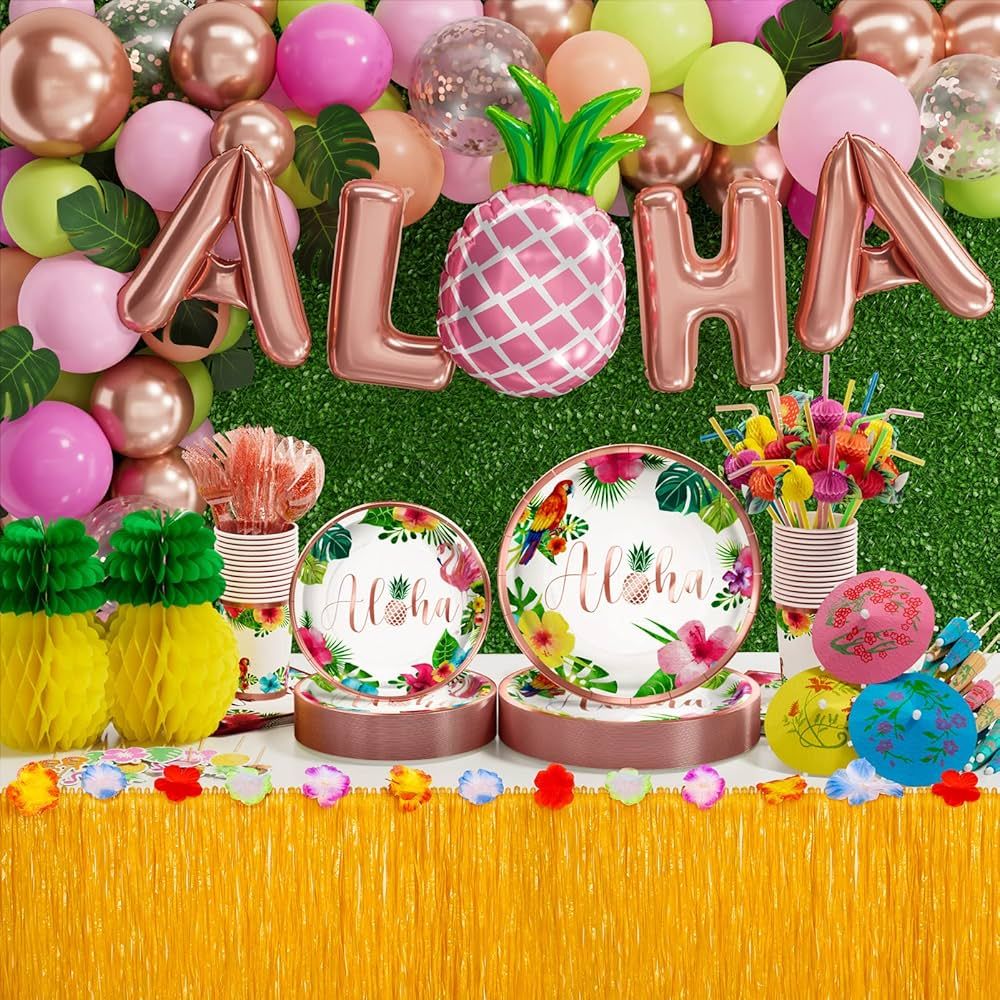 Partylamb Hawaiian Luau Birthday Party Decorations 329PCS Tropical Aloha Rose Gold Party Supplies... | Amazon (US)