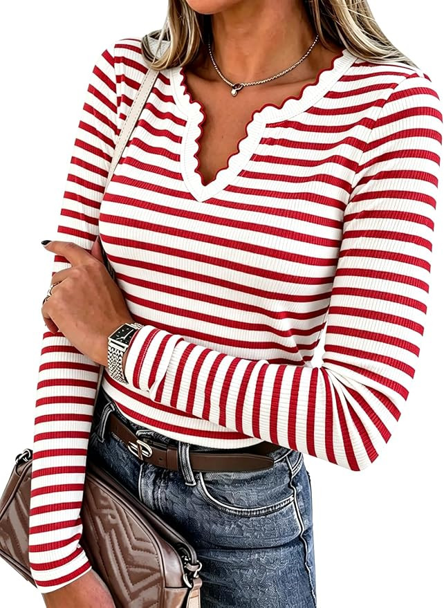 Cicy Bell Womens Striped Sweater Polo V Neck Long Sleeve Pullover Knit Tops | Scalloped Trim, Fit... | Amazon (US)