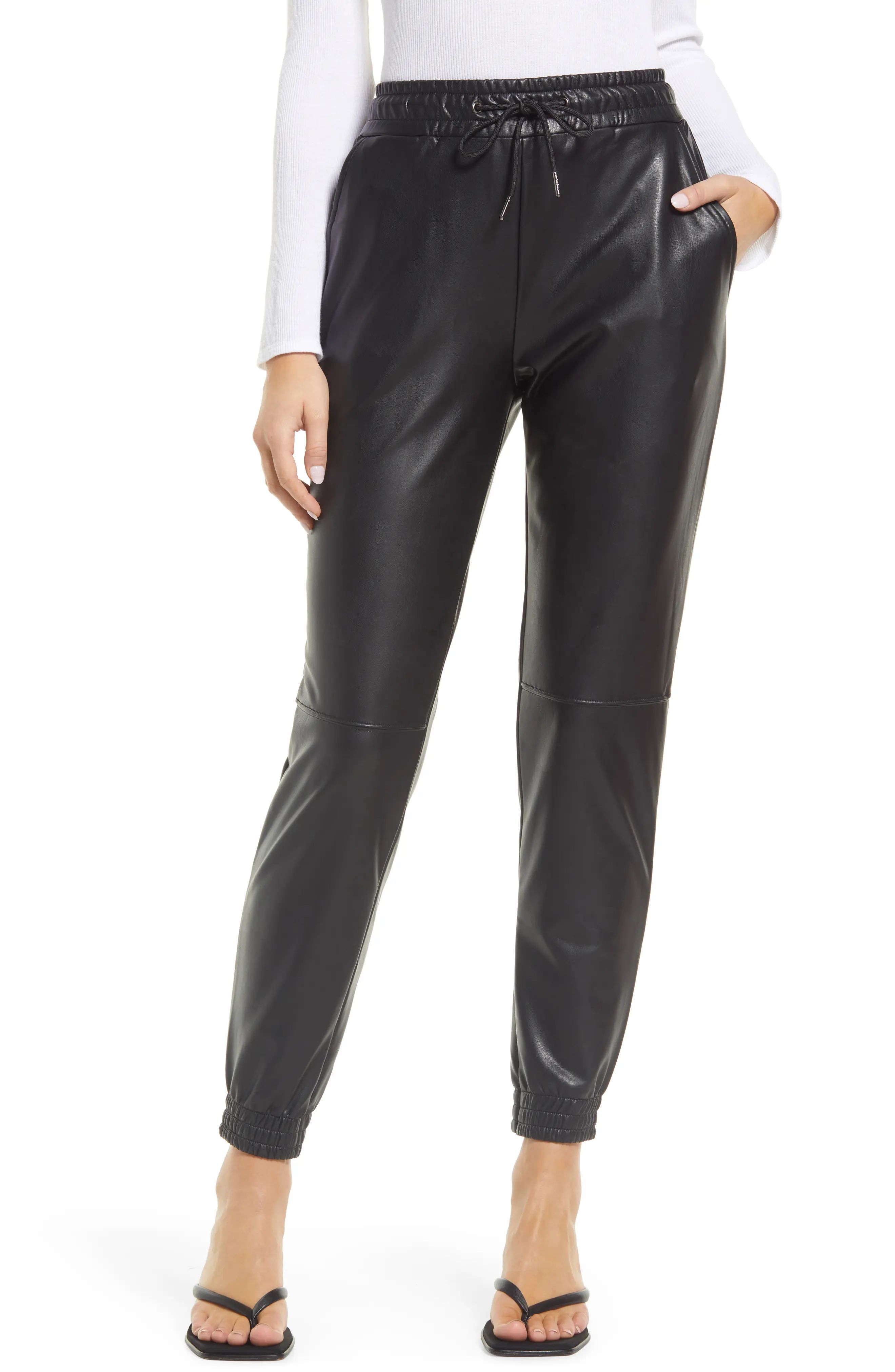 Hue High Waist Faux Leather Joggers, Size Medium in Black at Nordstrom | Nordstrom
