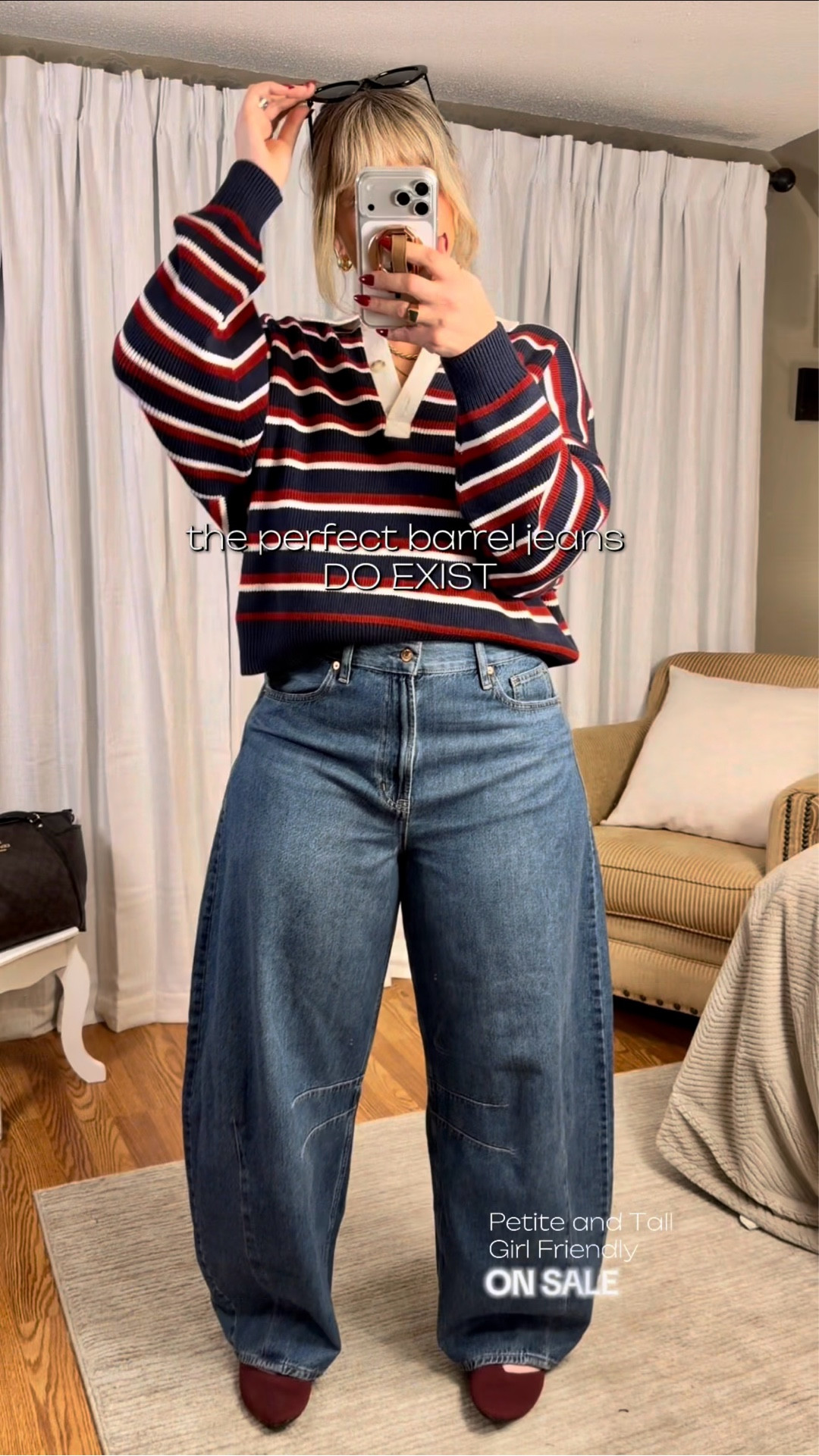 These are the perfect barrel jeans by GAP with just the right shape—structured but still soft and flattering. Styled with a classic Abercrombie top for that effortless, put-together look and finished with comfy, affordable shoes from Target. Easy everyday outfit that works for casual days, errands, or dressed up with accessories.
I’m 5’8” and a size 12. I sized up to a 32 Tall for a baggier look in the jeans. They are true to size, so stick to your size for a more classic fit. Jeans are on sale👌🏼
Wearing a large in the sweater. It’s slightly oversized in my opinion. 
Shoes: 10 (I would size up a half a size) @gapstyle @American Eagle Outfitters 

#LTKMidsize #LTKTall #LTKSaleAlert