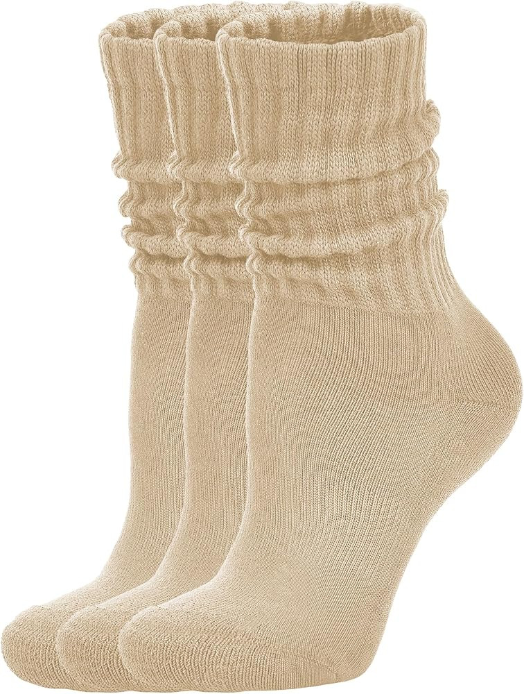 Women's Scrunch Crew Socks Retro 3-Pack Solid Cotton Boot Calf Chunky Ribbed Cozy Slouchy Socks S... | Amazon (US)