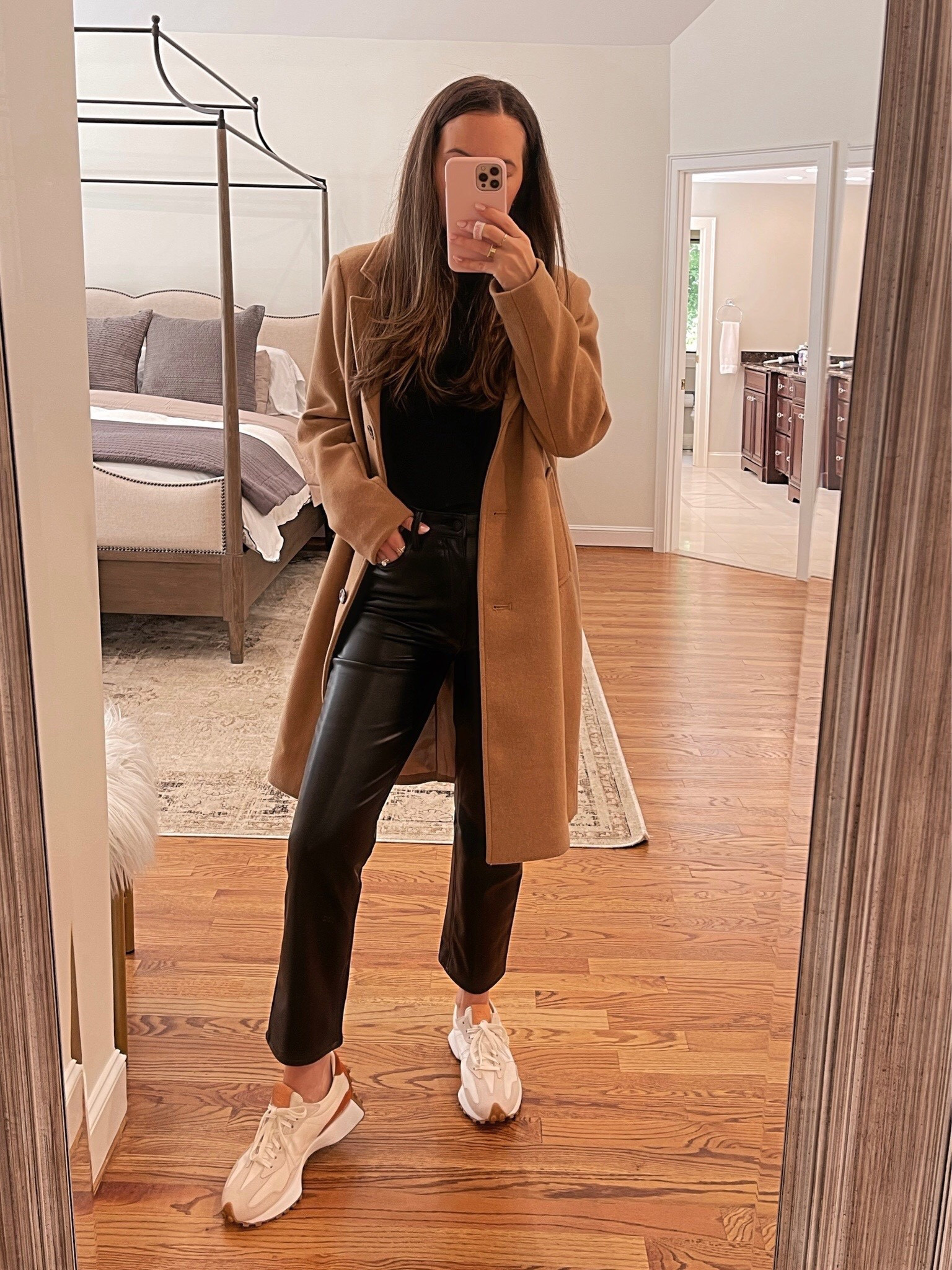 Abercrombie Dad Coat, runs true to size. Wearing size S. Wearing Abercrombie leather pants (runs true, wearing 26). New Balance sneakers outfit  

#LTKsalealert #LTKSale #LTKSeasonal