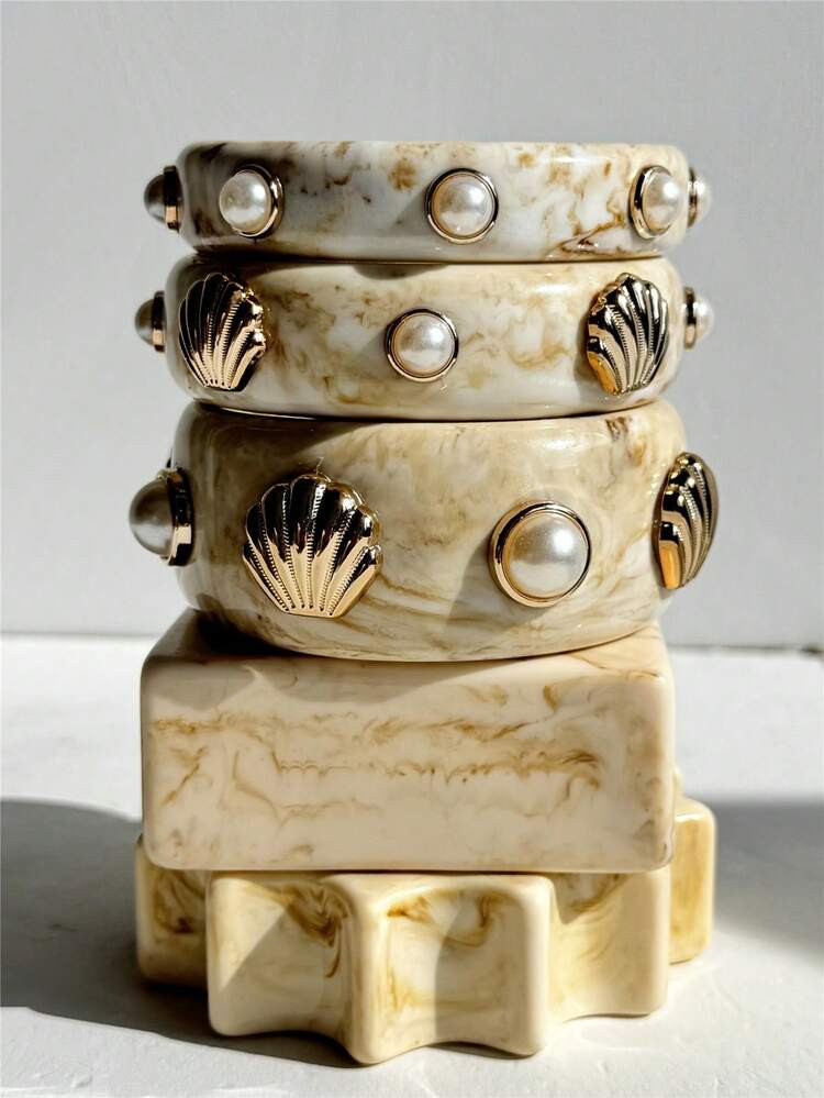 1pc New Arrival Beige Tie Dye Geometric Resin Bracelet, Asymmetrical Shell & Pearl Wide Thick Cha... | SHEIN