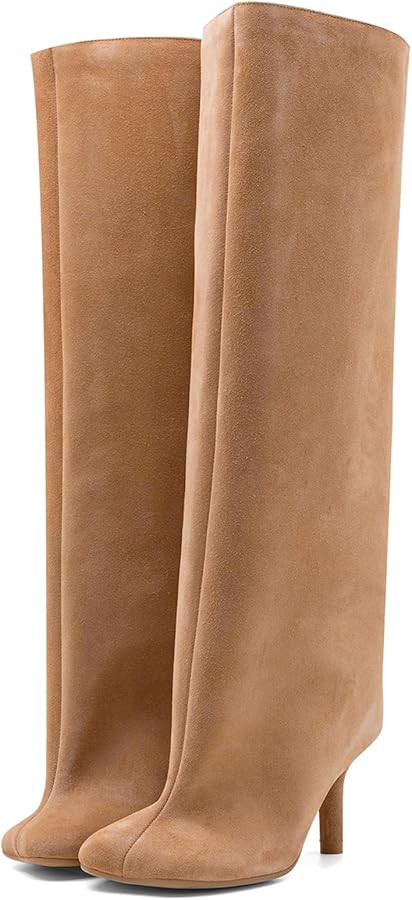 Women's Knee High Suede Boots for Women Wide Calf Square Toe Stiletto Heels Tall Boots Pull On Hi... | Amazon (US)