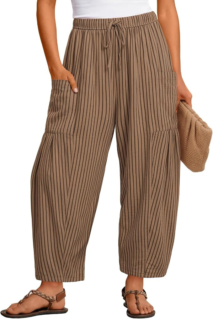 MEROKEETY Women's Linen Wide Leg Pants Summer 2026 Casual Loose Beach Vacation Baggy Palazzo Barr... | Amazon (US)