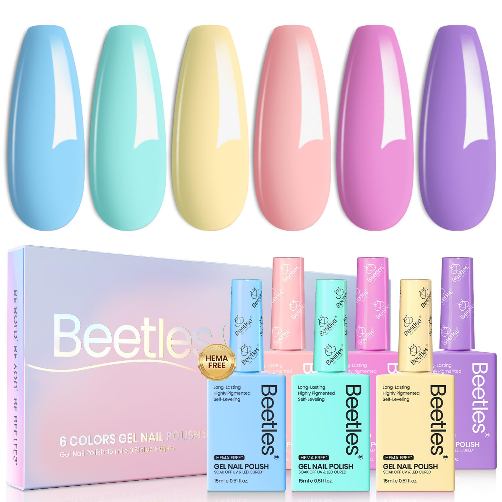 Beetles Gel Nail Polish Set Hema Free, 6 Colors Pastel Blue Yellow Pink Gel Polish Soak off Uv Le... | Amazon (US)
