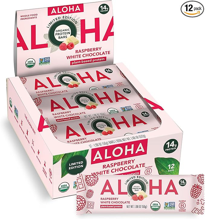 ALOHA Organic Plant Based Protein Bars | Raspberry White Chocolate | 12 Count, 1.98oz Bars | Vega... | Amazon (US)