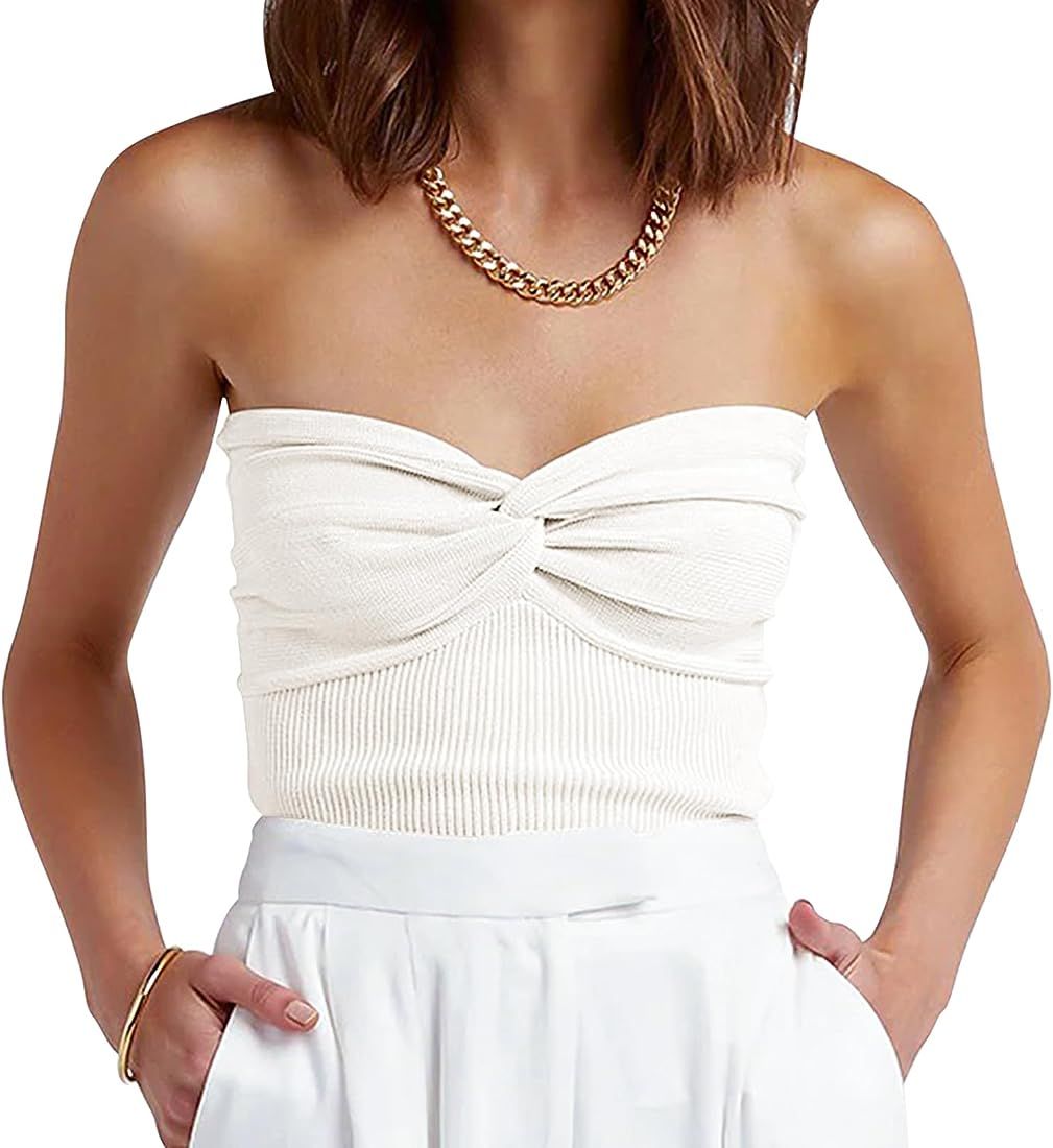 ANRABESS Womens White Tops Tube Strapless Sleeveless Sweaters Going Out Cute Summer Tops 2023 Twi... | Amazon (US)