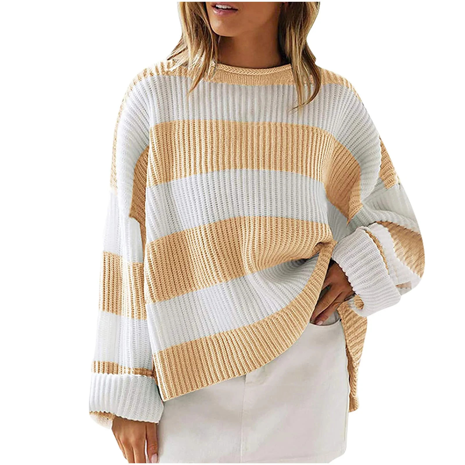 Sevevn Women's Striped Knitted Pullover Crew Neck Fall Winter Sweater Long Sleeve Color Block Jum... | Walmart (US)