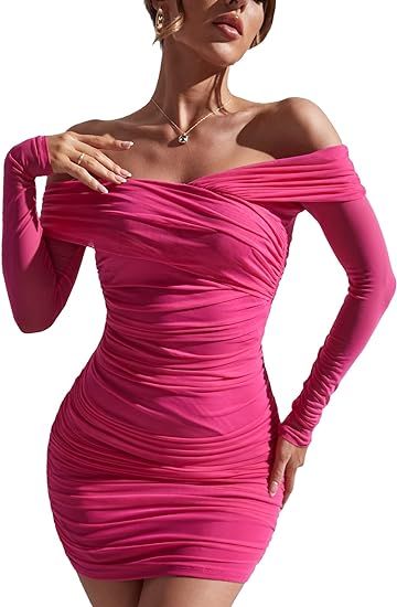 SheIn Women's Ruched Off Shoulder Bodycon Dress Long Sleeve Mesh Knee Length Dresses | Amazon (US)