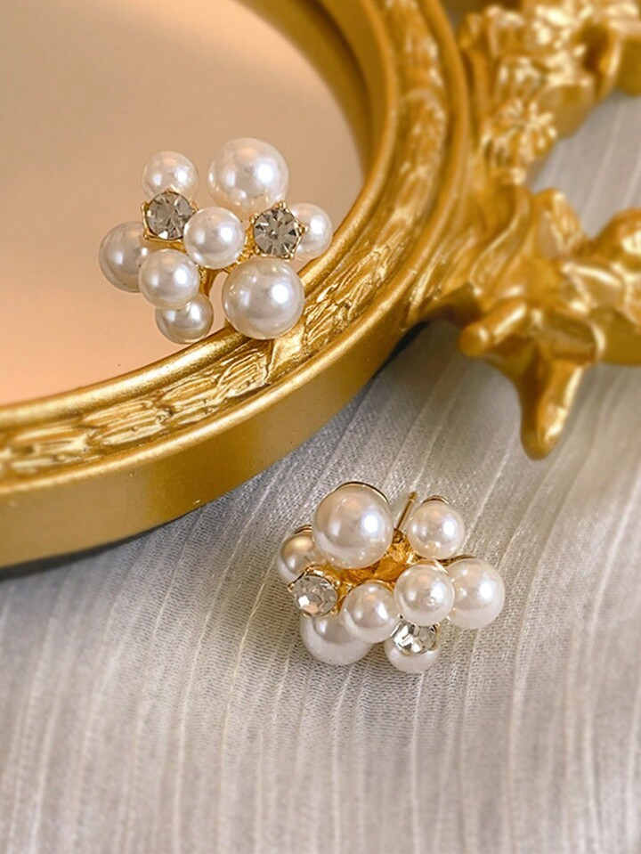 1 Pair Of Faux Pearl Cluster Wedding Earrings, Faux Pearl Crystal Bouquet Earrings, Bridal Earrin... | SHEIN