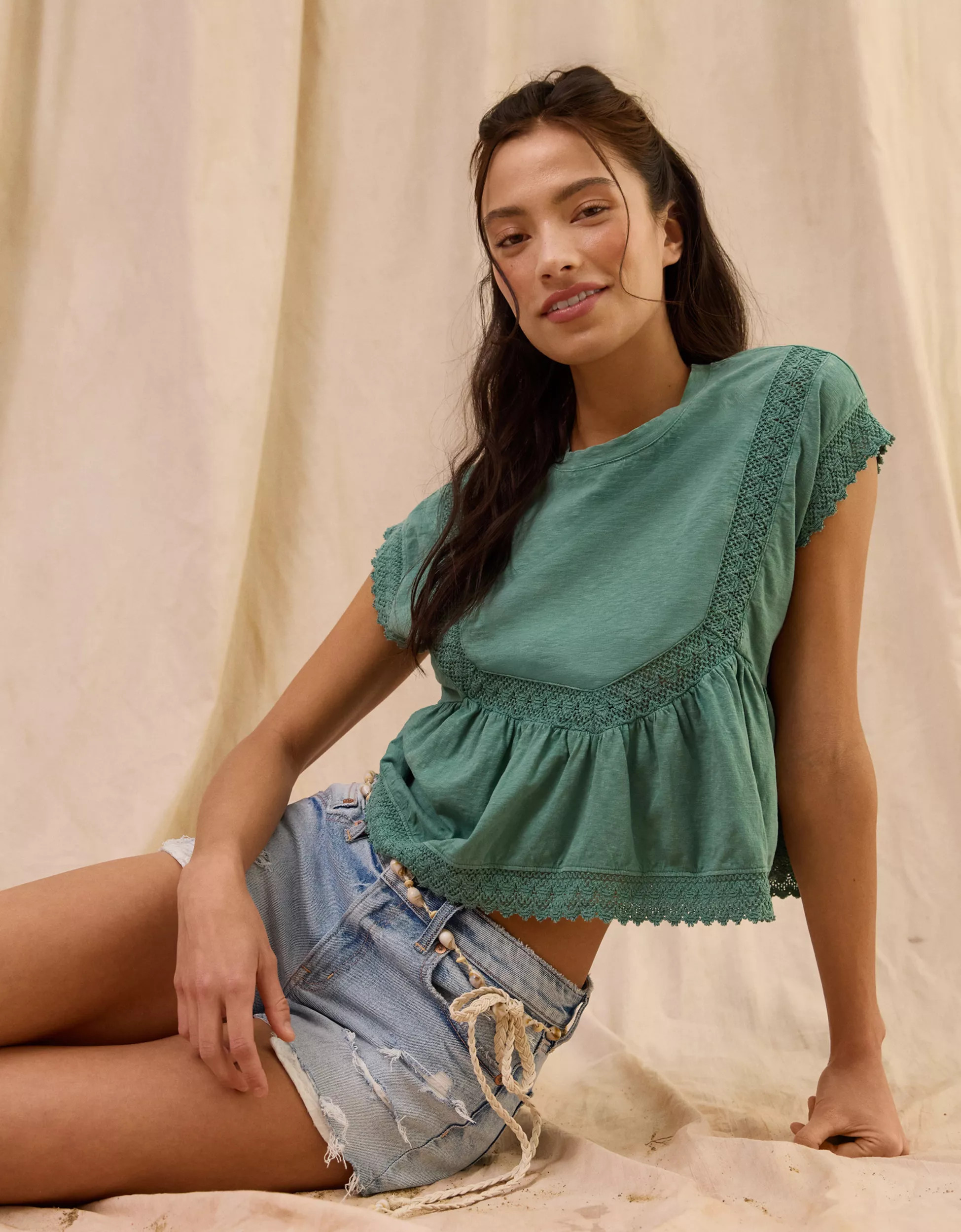 AE Sunchaser Lace Trim T-Shirt | American Eagle Outfitters (US & CA)