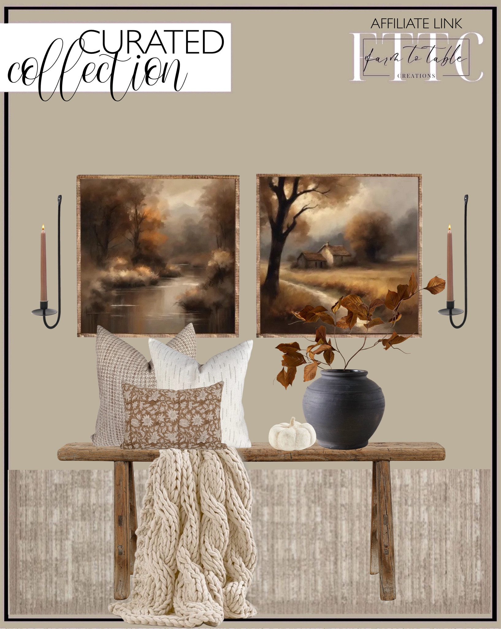 Curated Collection Fall Gallery Wall. Follow @farmtotablecreations on Instagram for more inspiration.

Use code FARMTOTABLE on framed artwork.

Fall Canvas Framed Signs.  Skinny Bench. Modern Cottage Vibe Pillow Cover Set. Loloi Performance Sand Runner. Rustic Handmade Vase Magnolia. Magnolia Leaf Spray. Candle sconces. Brown taper candles. Colossal Handknit throw. Pottery Barn. Handcrafted Terracotta Pumpkin. 

Gallery Wall | Bedding | Coffee Table Decor | Fall Decor | Fall Stem Sale | Target Finds | Skinny Bench | Bedroom | Living Room | Breakfast Nook | Amazon Home | Target Sale | Loloi Rugs | Magnolia Home | console table | console table styling | faux stems | entryway space | home decor finds | neutral decor | entryway decor | cozy home | affordable decor |  home decor | home inspiration | spring stems | spring console | spring vignette | spring decor | spring decorations | console styling | entryway rug | cozy moody home | moody decor | neutral home


#LTKHome #LTKSaleAlert #LTKFindsUnder50