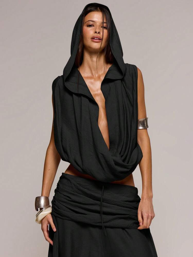 MUSERA Textured Linen Extrreme Cowl Plunge Hooded Top Spring Summer Sexy Date Night Club Festival... | SHEIN