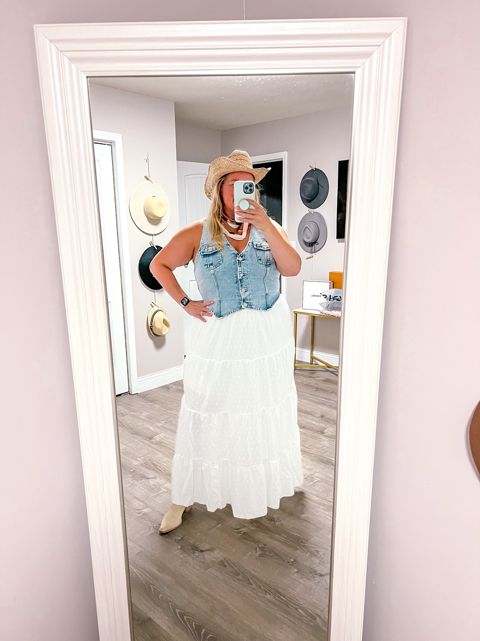 Spring time country concerts are coming and here is a perfect outfit ideas! White layered skirt with a denim vest and cowboy boots and hat! 

#LTKStyleTip #LTKSeasonal #LTKPlusSize
