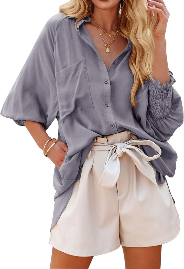 Saodimallsu Womens 2022 Casual Tops Collared V Neck Button Down T Shirts Loose Comfy Blouses Soft Se | Amazon (US)