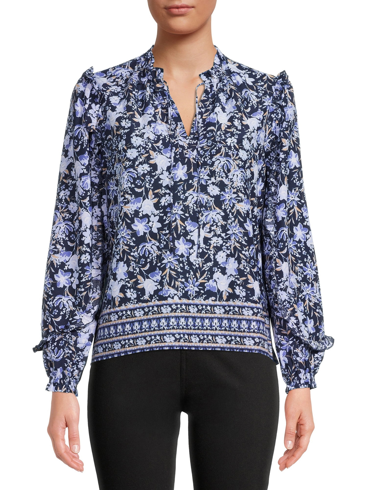 Time and Tru Women's Mixed Print Ruffle Top with Long Sleeves | Walmart (US)