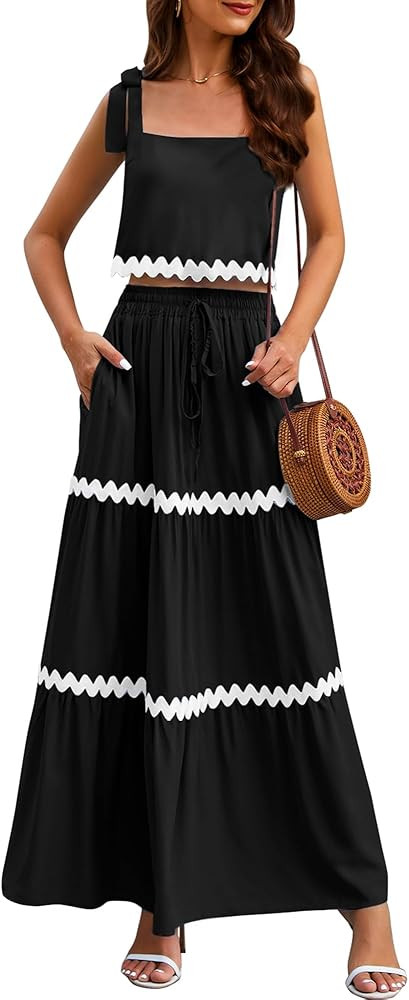 Womens Two Piece Skirt Set 2024 Summer Sets Tank Top Maxi Skirt Beach Vacation Outfits with Pocke... | Amazon (US)