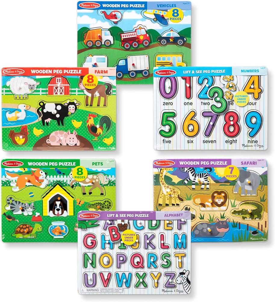 Melissa & Doug Wooden Peg Puzzle 6 Pack Numbers, Letters, Animals, Vehicles | Amazon (US)