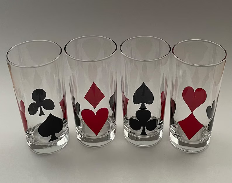 Set of 4 Vintage Libby Poker Coolers 15 Ounce Clear Glass Cup With Red Hearts Diamonds Black Clov... | Etsy (US)