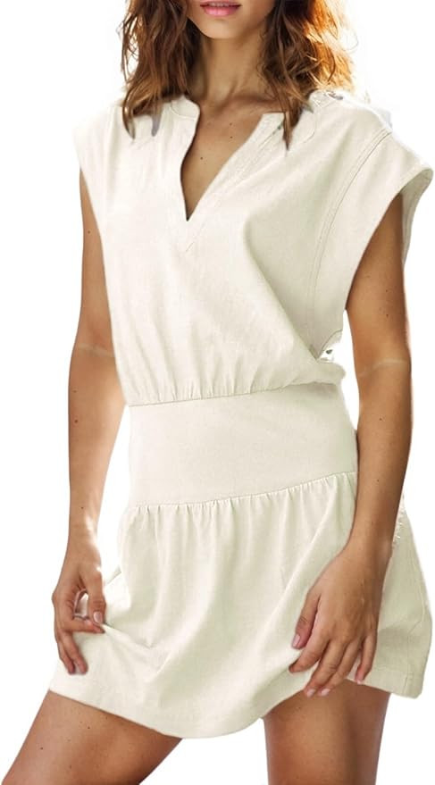 InterNos Womens Summer Mini Dress Lightweight V Neck Cap Sleeves A-Line Casual Athletic Dress | Amazon (US)