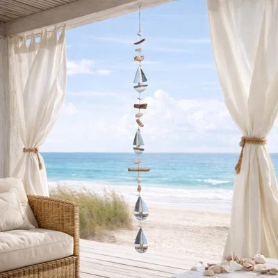 Handcrafted Wooden Driftwood Bead Garland with Nautical Sailboat Accents - Coastal Hanging Ornament for Rustic Beach-Inspired Decor. | Wayfair North America