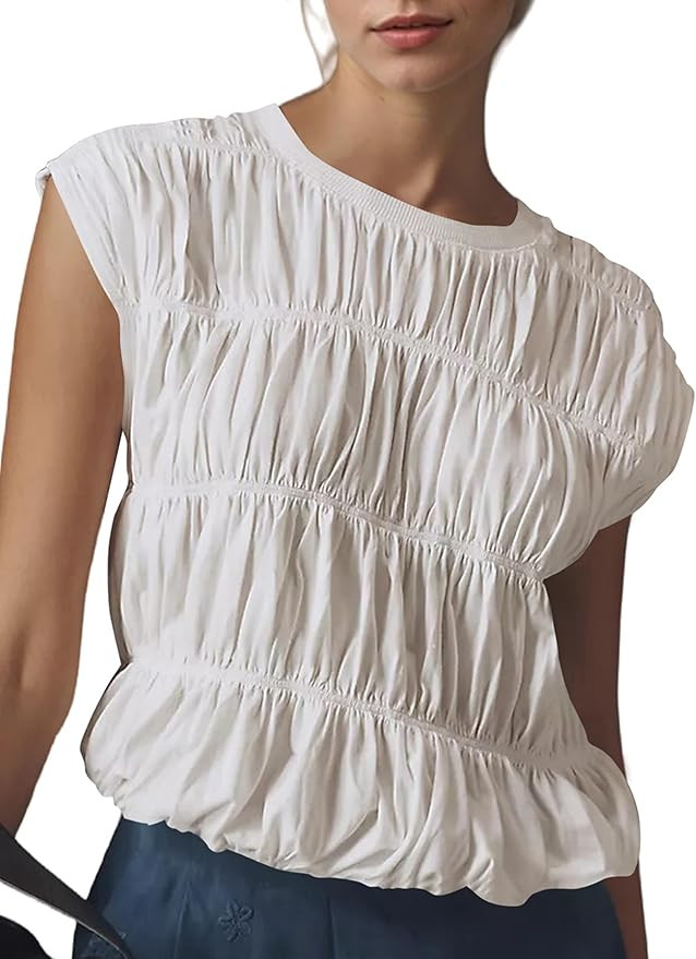 Livtany Women's Cap Sleeve Shirred Tank Tops Crew Neck Tiered Bubble Babydoll Cute Blouse Top Sol... | Amazon (US)