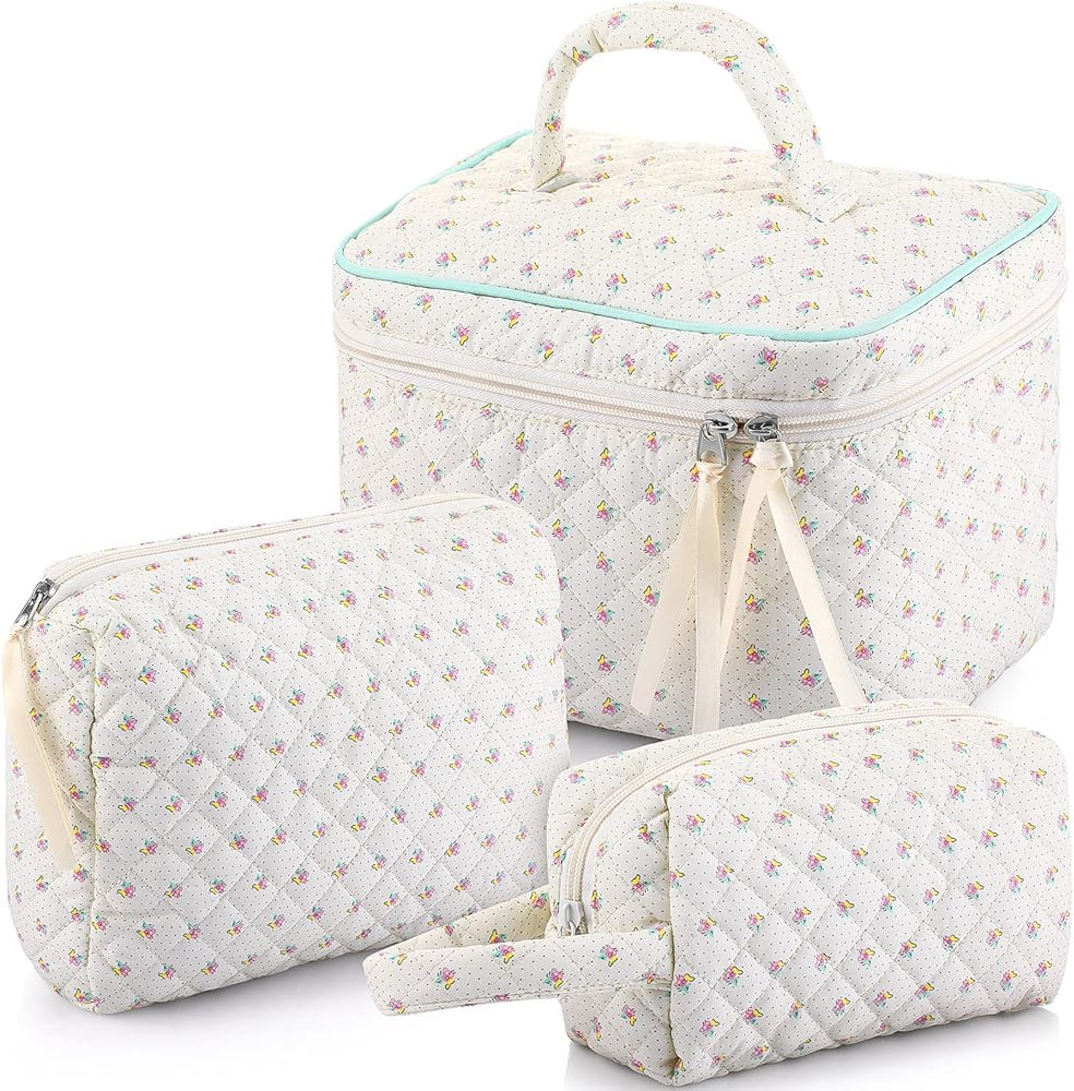 Paterr 3 Pieces Cotton Quilted Makeup Bag Set Coquette Cosmetic Bag Aesthetic Travel Toiletry Bag... | Amazon (US)