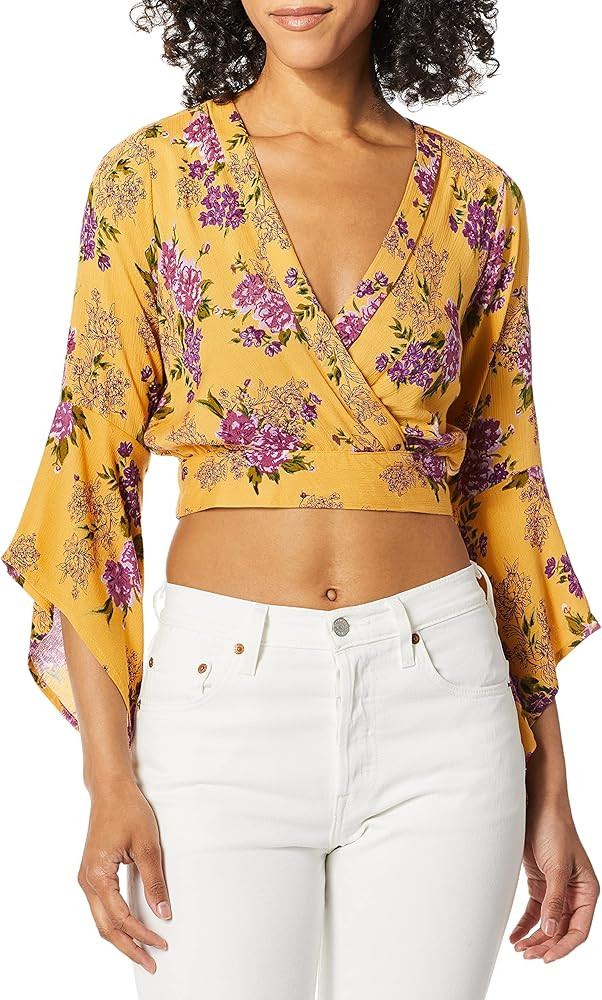 Angie Women's Ruffle Bell Sleeve Faux Wrap Crop Top | Amazon (US)