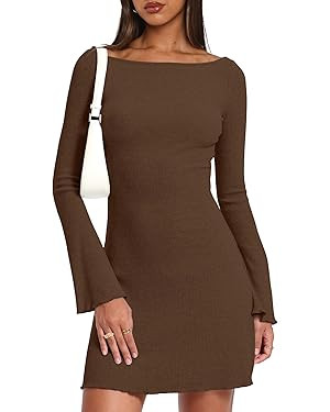 Darong Women's Long Sleeve Boat Neck Mini Dress Ribbed Knit Casual Bodycon A-Line Short Dresses F... | Amazon (US)