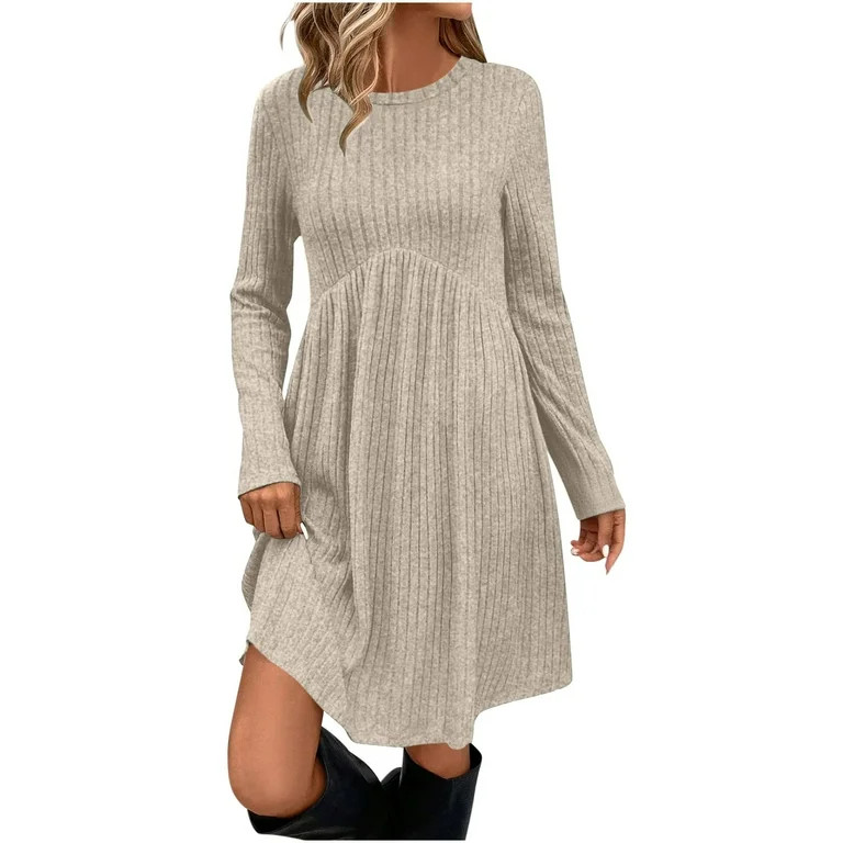 Besolor Women's Long Sleeve Fall Dresses Round Neck Empire Waist Casual A-Line Sweater Dress with... | Walmart (US)