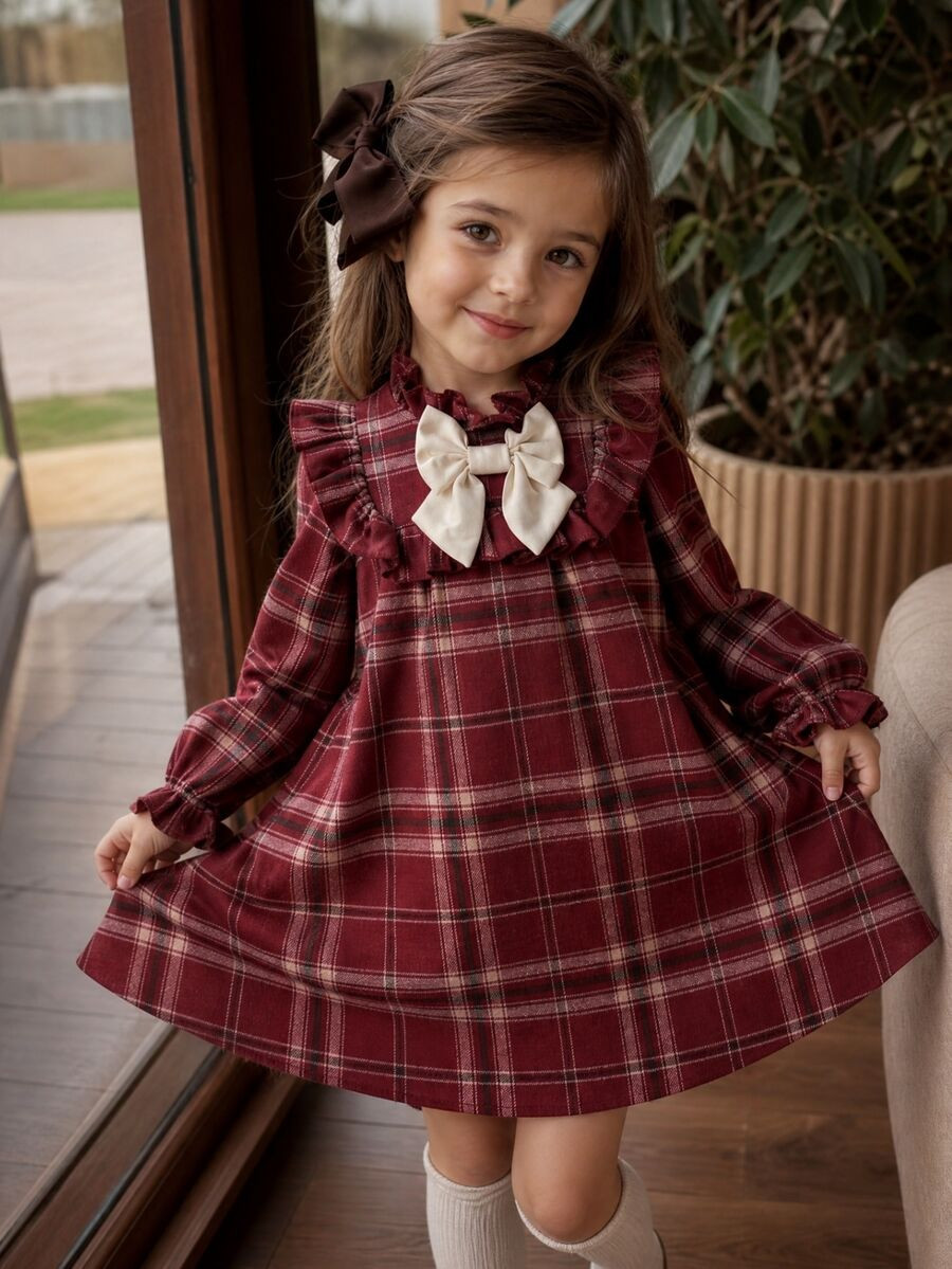 Emery Rose Kids Emery Rose Kids Kids Young Girl Young Girl Young Girl Woven Plaid Small Stand Collar Ruffle Trim 3D Bow Casual Dress | SHEIN