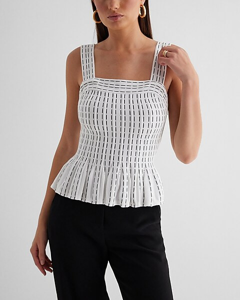 Printed Square Neck Pleated Peplum Sweater Tank | Express