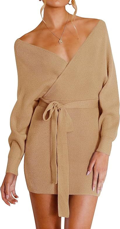 ZESICA Women's 2023 Fall Long Batwing Sleeve Wrap V Neck Knitted Backless Bodycon Pullover Sweate... | Amazon (US)