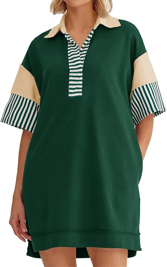 Wenrine Women's Oversized Sweatshirt Dress Summer Color Block Polo V Neck Short Sleeve Casual Min... | Amazon (US)