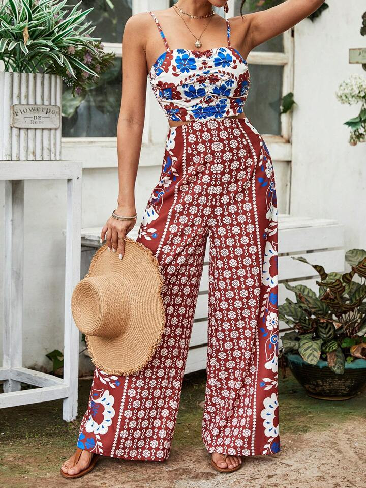 SHEIN VCAY Vacation Woven Waist Hollow Out Strappy Jumpsuit For Women | SHEIN