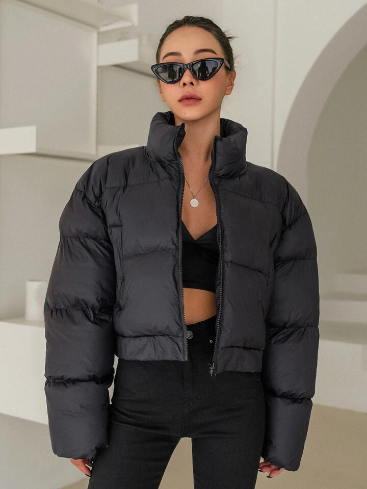 DAZY Solid Zipper Front Puffer Coat | SHEIN